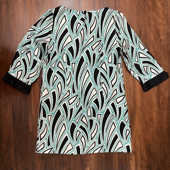 Tibi Shift Dress Size 10 Geometric Pattern Black White Teal 100% Silk Business - Picture 2 of 16